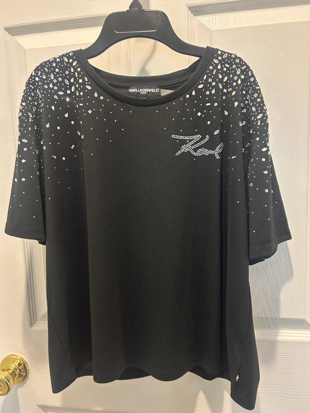 Karl Lagerfeld Black Short Sleeve top with Crystal Accent